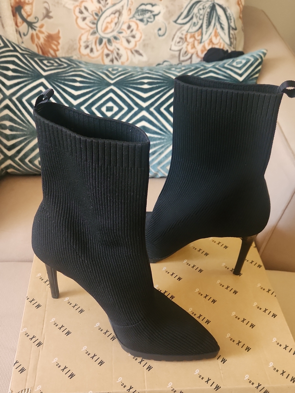 Mix No. 6 Black Ribbed Pointed-Toe Stiletto Sock Boots